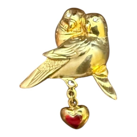 Vintage Jewelry - Vintage Love Birds with Red Heart Gold Broach Pin